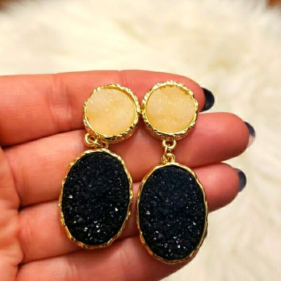 New Gold Druzy Quarts Stones Drop Earrings - Picture 2 of 5
